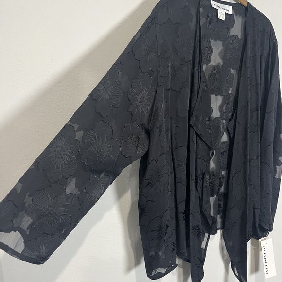 Caroline Rose Cardigan Women’s Large Sheer Black Floral Silk Open Swing Blouse - Picture 5 of 7